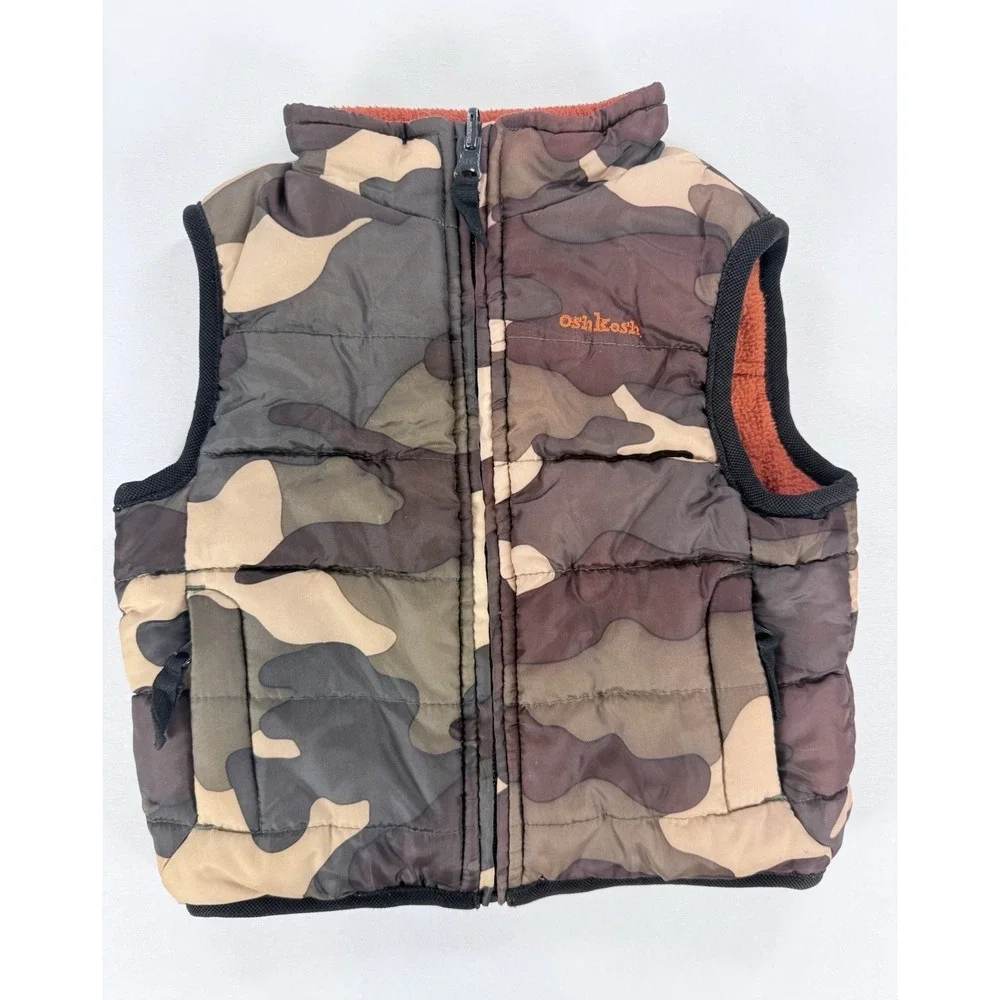OshKosh Baby Boys Camo Puffer Vest 12-18M Orange Fleece Lined Full Zip